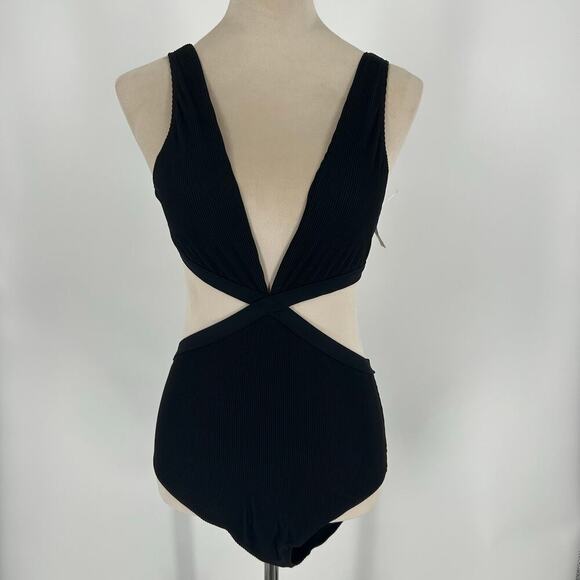 NWT Aerie Ribbed Mix Crossover Cut Out One Piece Swimsuit Black Full Coverage - Picture 3 of 7